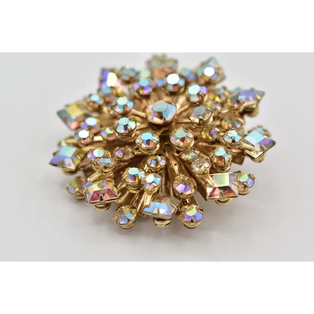 Vintage Crystal Starburst Flower Pin Brooch Aurora Borealis Rhinestone 60s BinBI